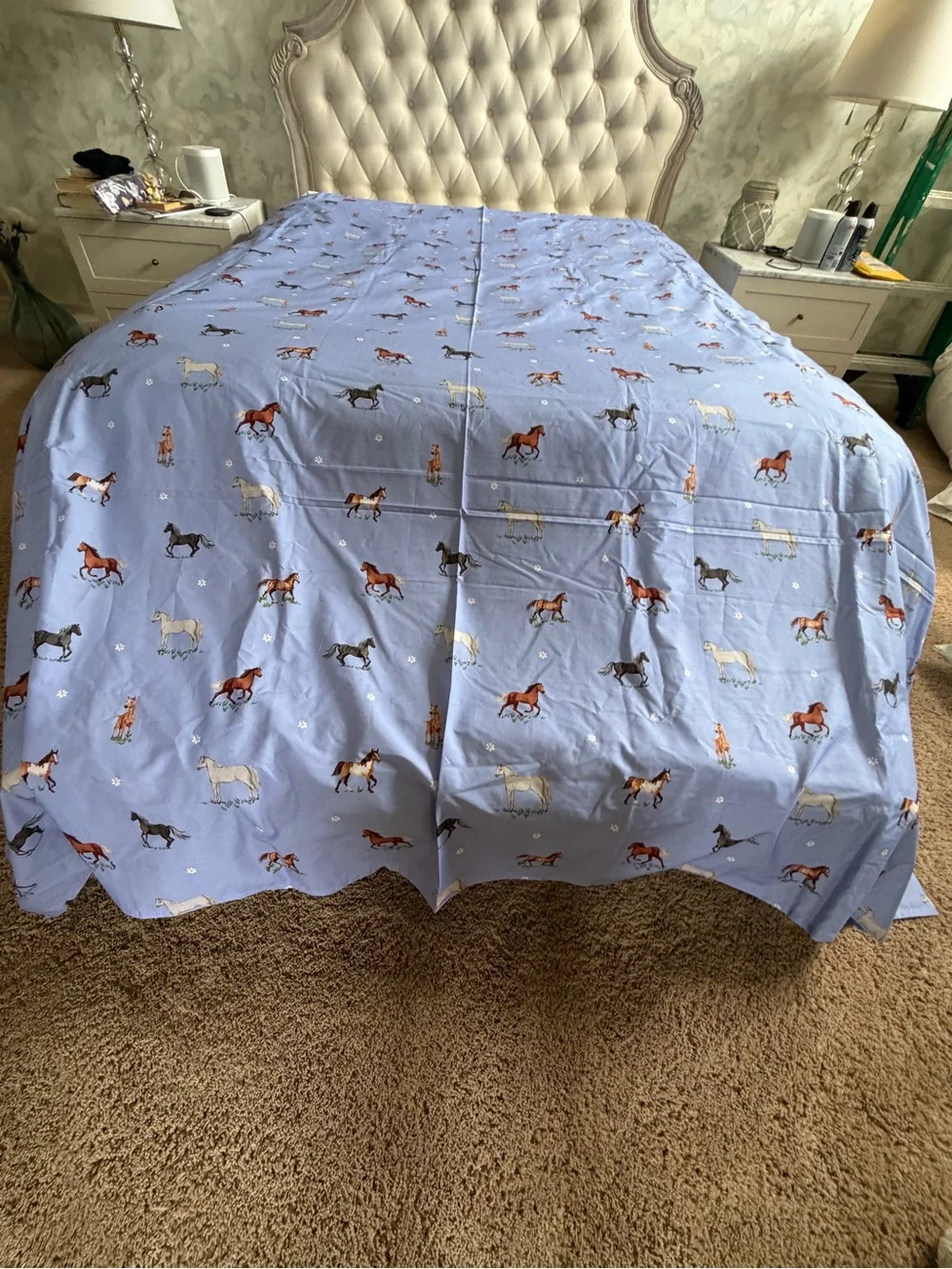 New Anthropologie organic percale cotton printed flat sheet queen full Horses